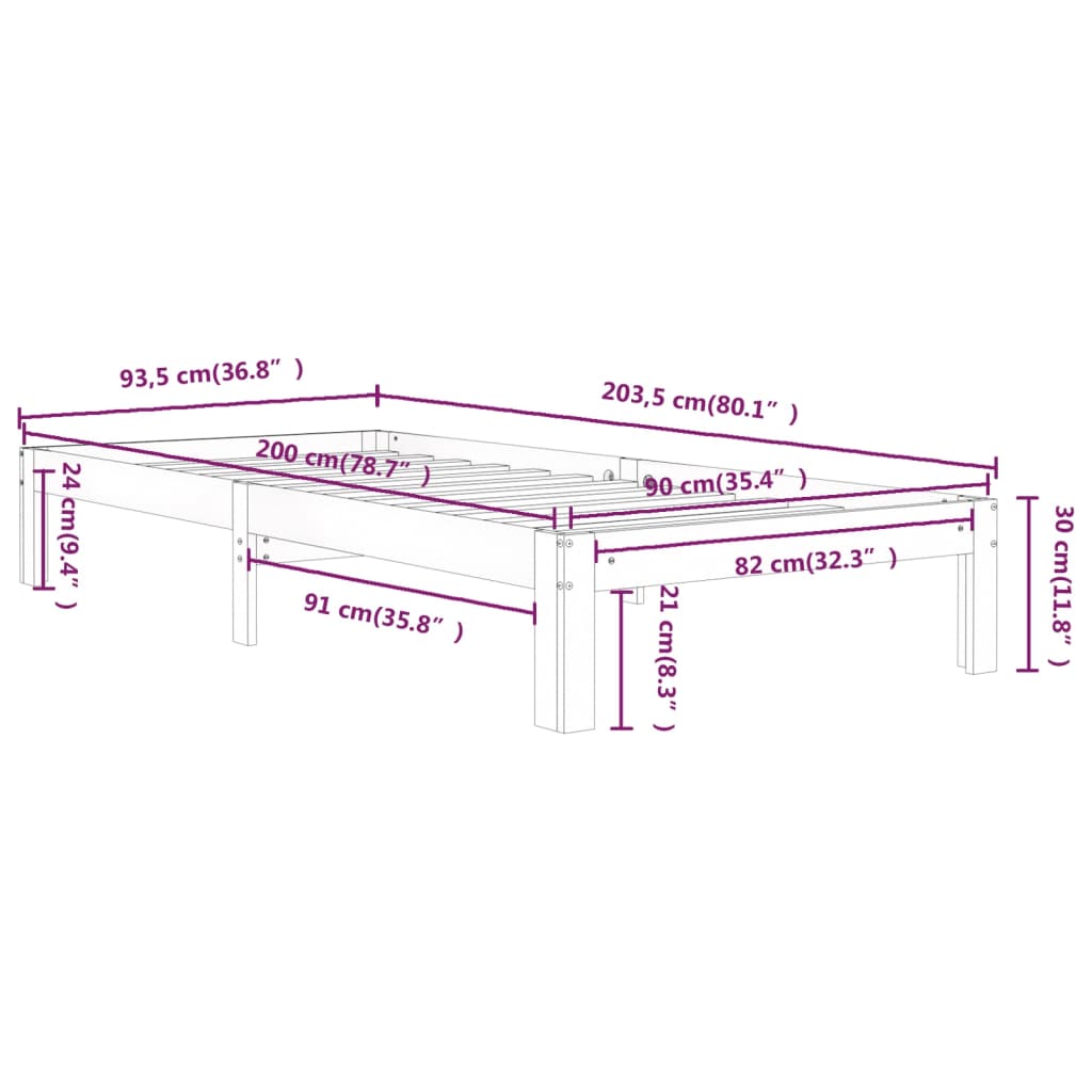 Cadre de lit sans matelas bois de pin massif 90x200 cm - XIOS