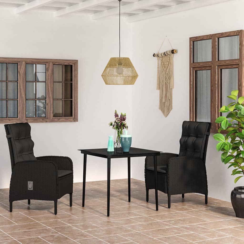 Ensemble à manger de jardin avec coussins 3 pcs noir
