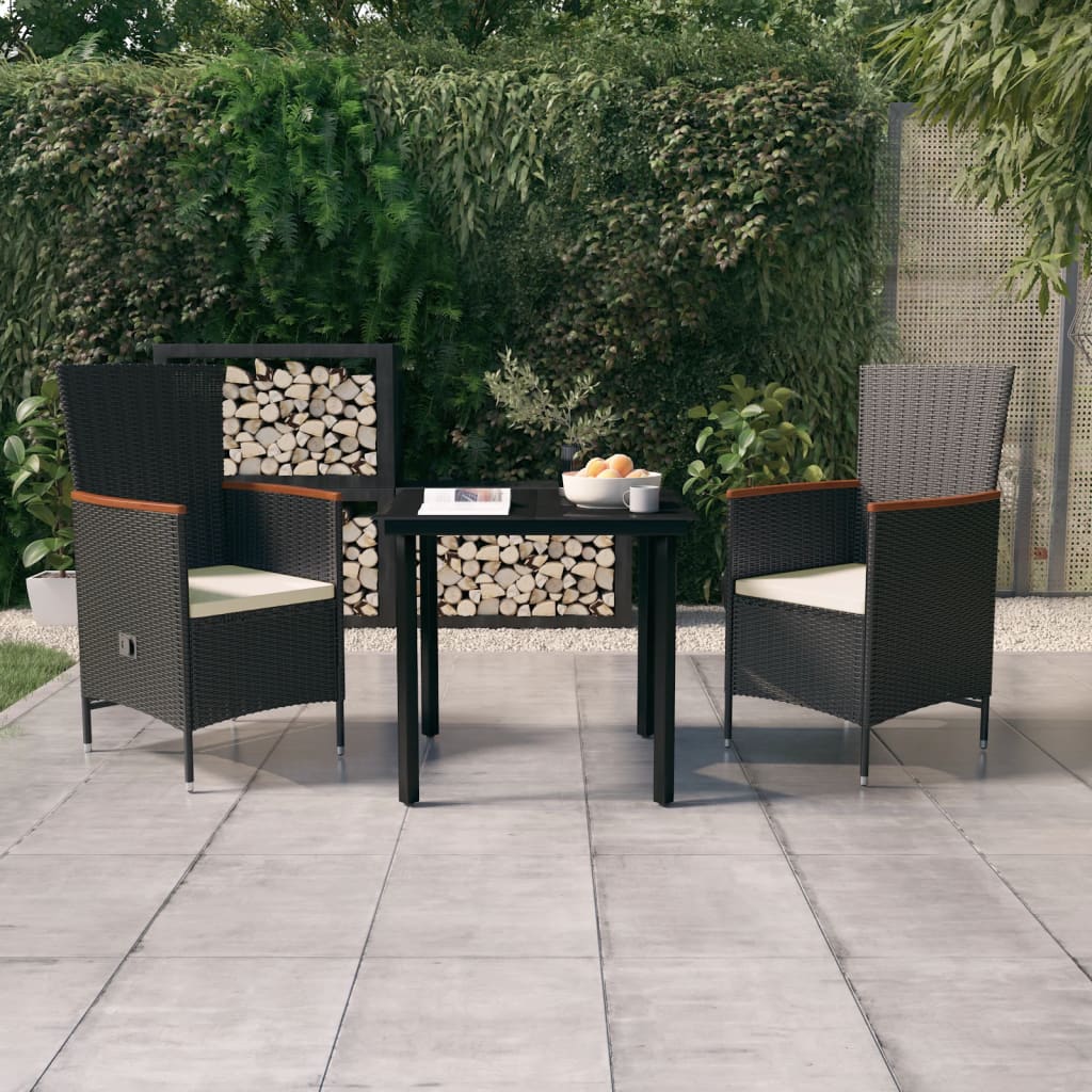 Ensemble à manger de jardin avec coussins 3 pcs noir