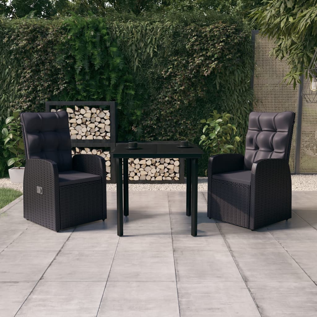 Ensemble à manger de jardin avec coussins 3 pcs noir