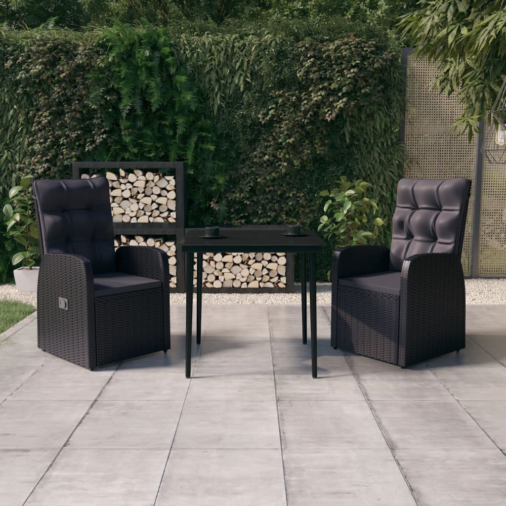 Ensemble à manger de jardin avec coussins 3 pcs noir