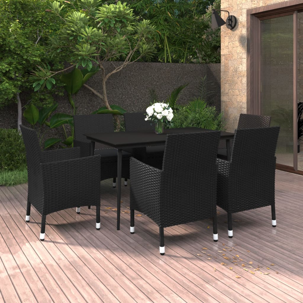 Ensemble à manger de jardin coussins 7 pcs Résine tressée Verre