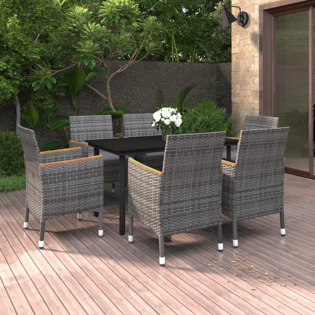 Ensemble à manger de jardin coussins 7 pcs Résine tressée Verre