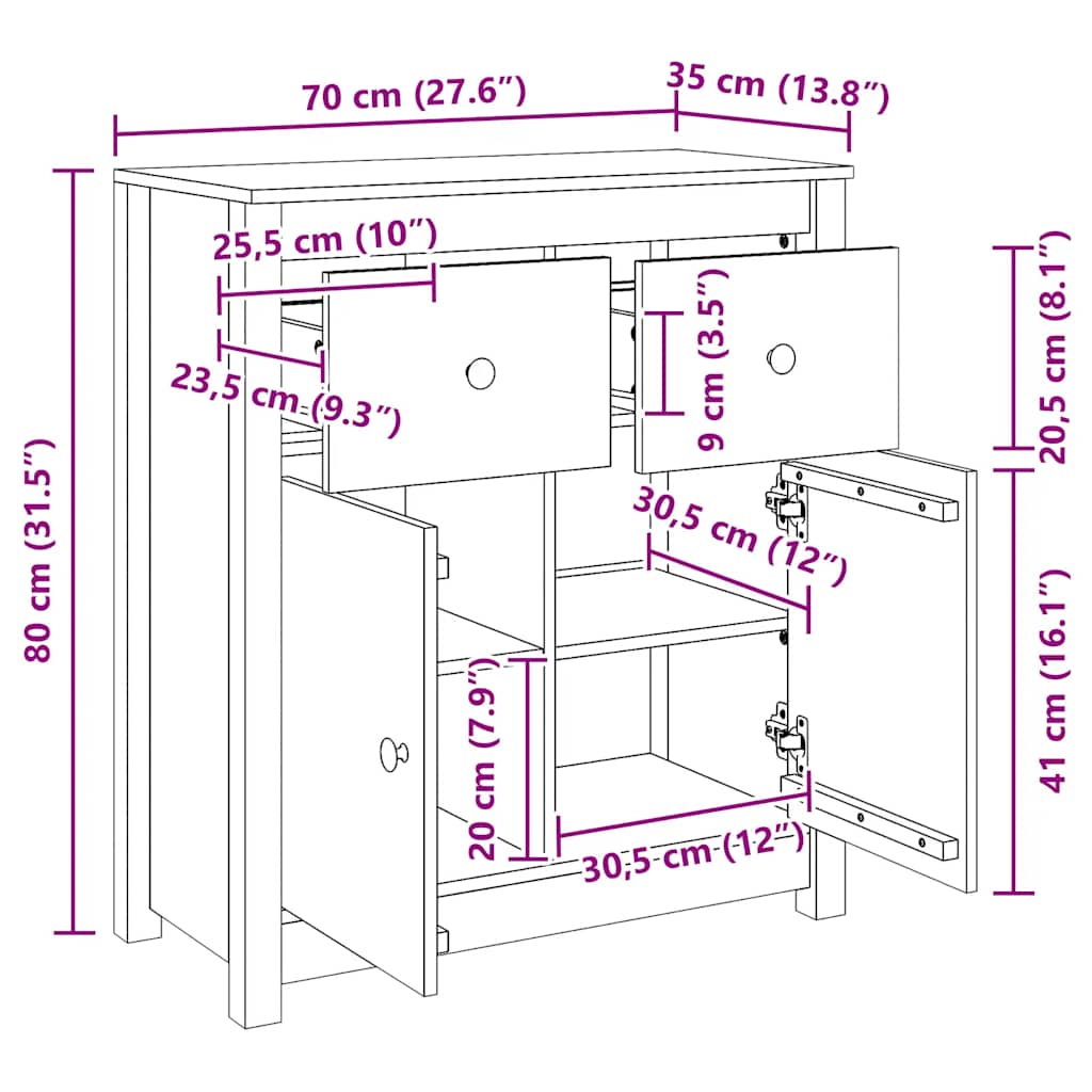 Buffet blanc 70x35x80 cm bois massif de pin - XIOS