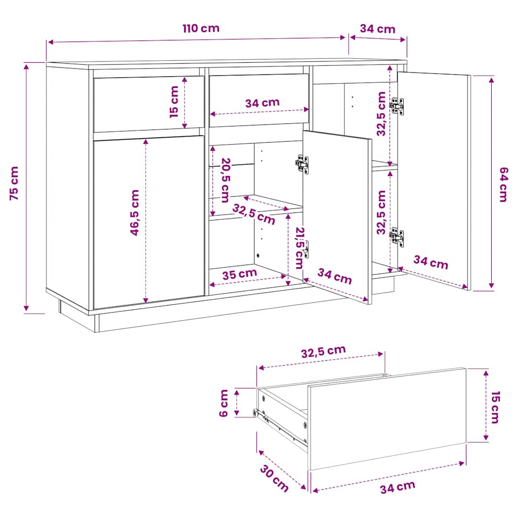 Buffet blanc 110x34x75 cm bois massif de pin