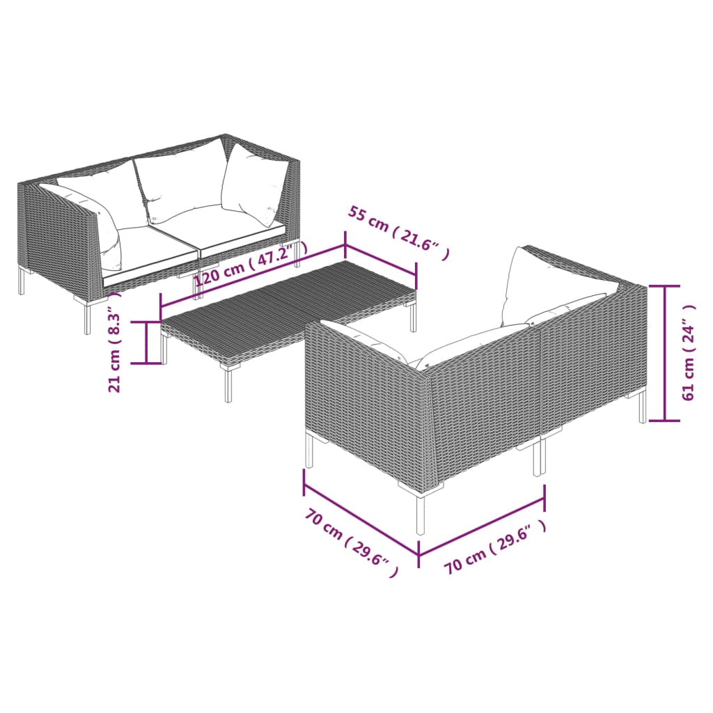 Salon de jardin 5 pcs avec coussins Résine tressée Gris foncé