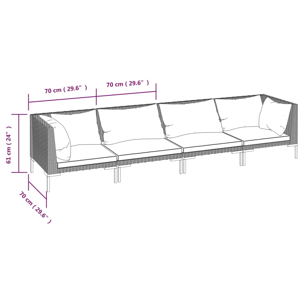Salon de jardin 4 pcs avec coussins Résine tressée Gris foncé