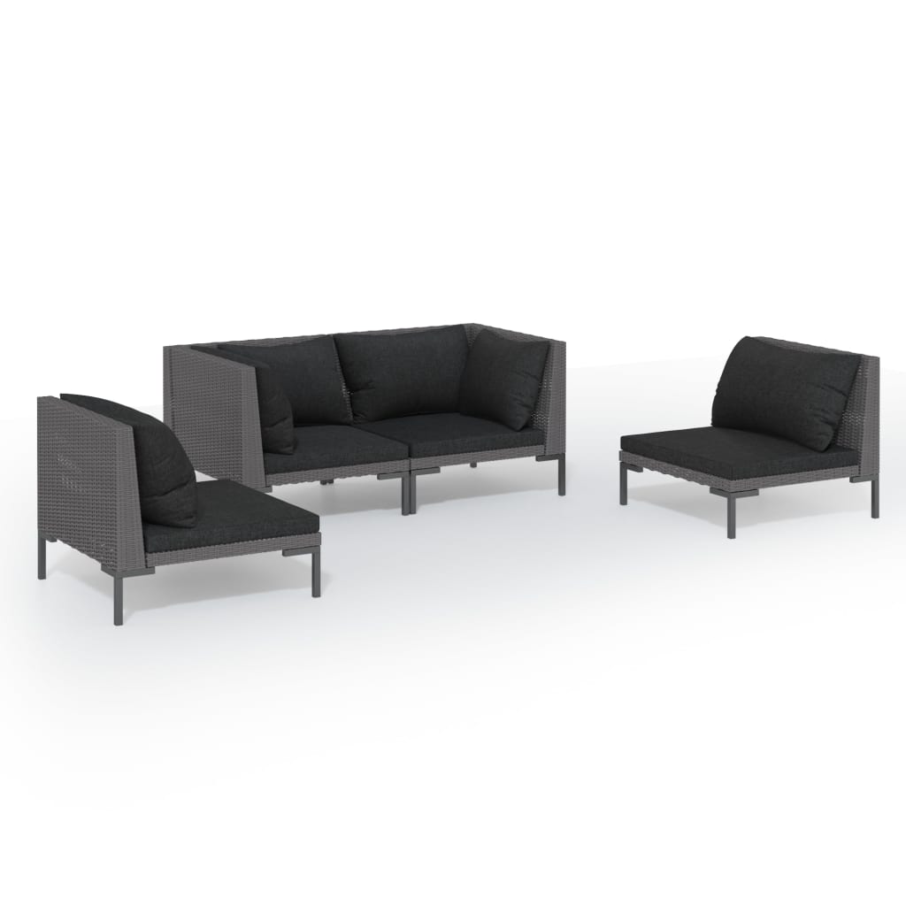 Salon de jardin 4 pcs avec coussins Résine tressée Gris foncé