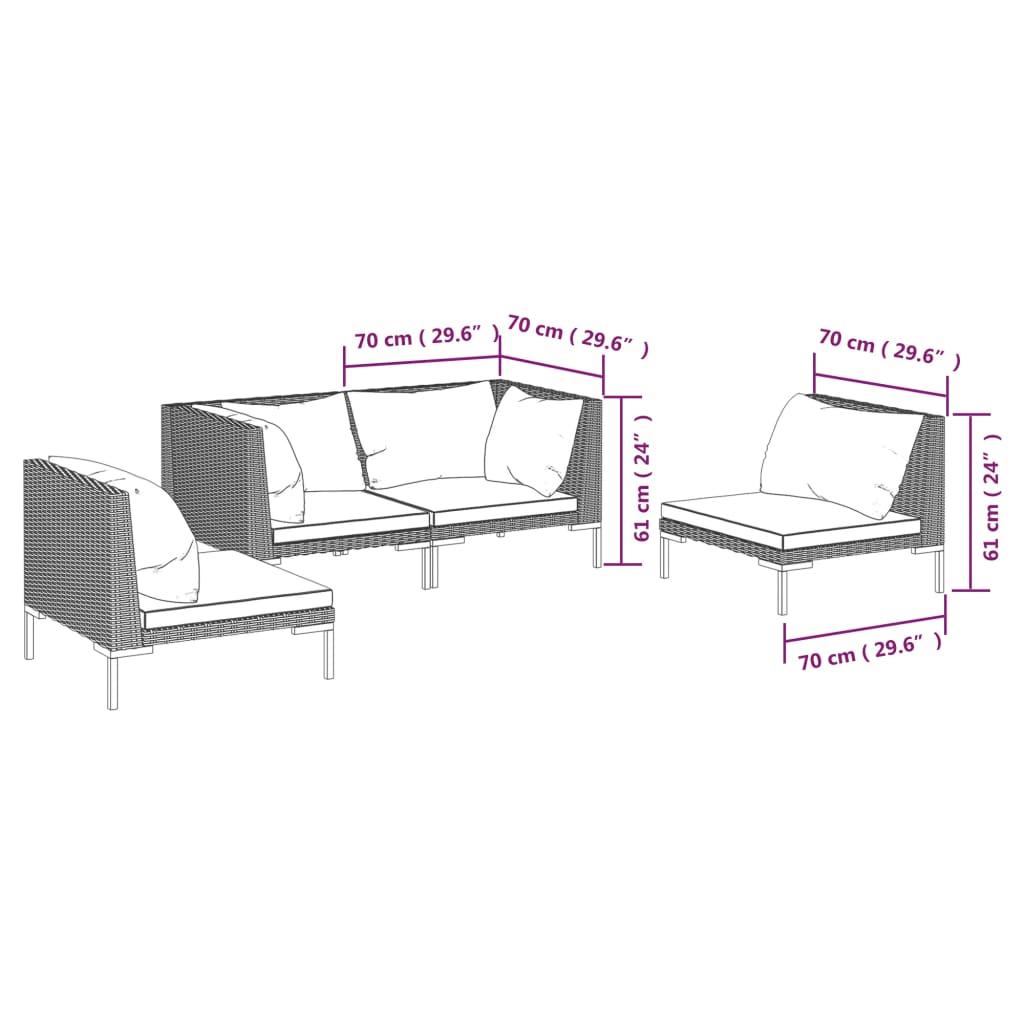 Salon de jardin 4 pcs avec coussins Résine tressée Gris foncé
