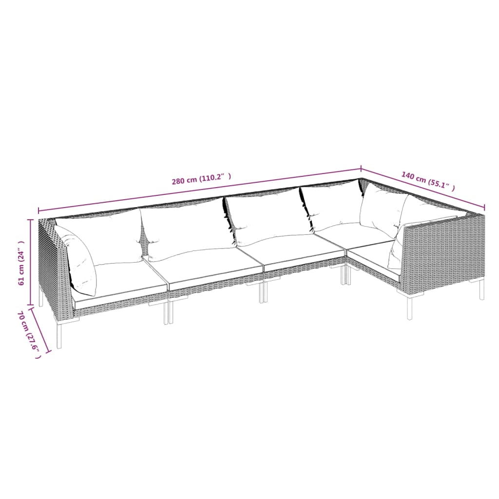 Salon de jardin 5 pcs avec coussins Résine tressée Gris foncé