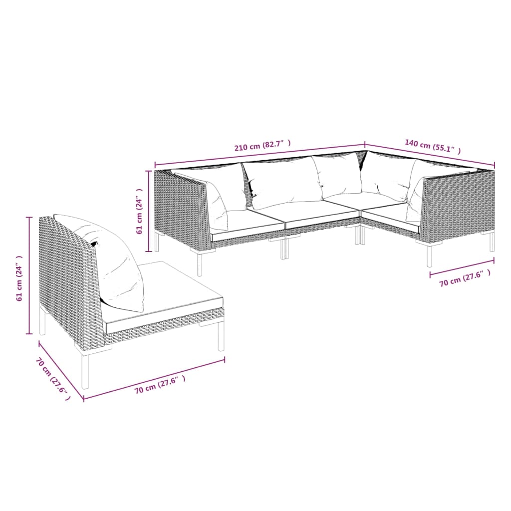 Salon de jardin 5 pcs avec coussins Résine tressée Gris foncé