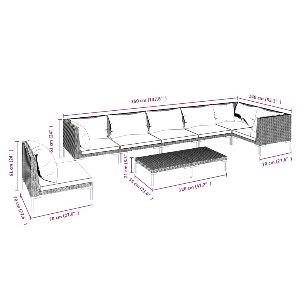 Salon de jardin 8 pcs avec coussins Résine tressée Gris foncé