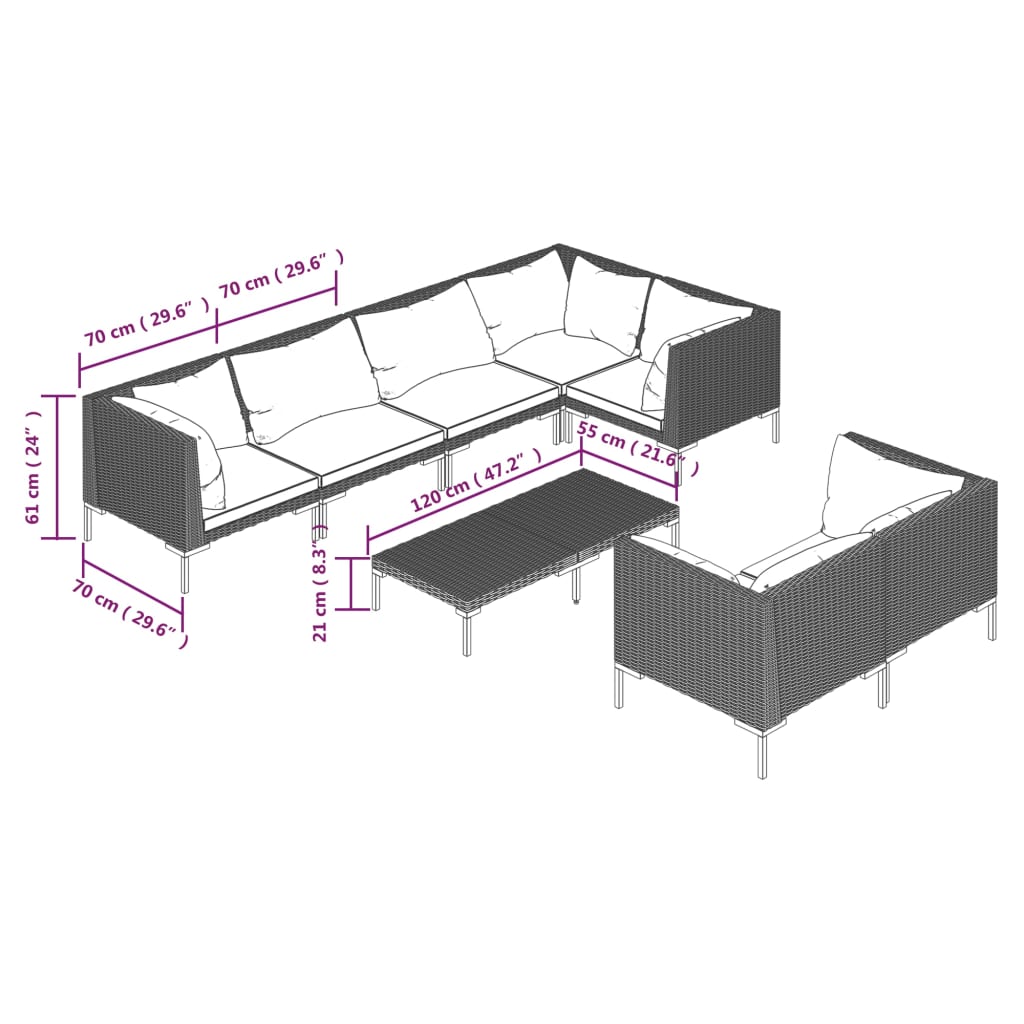 Salon de jardin 8 pcs avec coussins Résine tressée Gris foncé