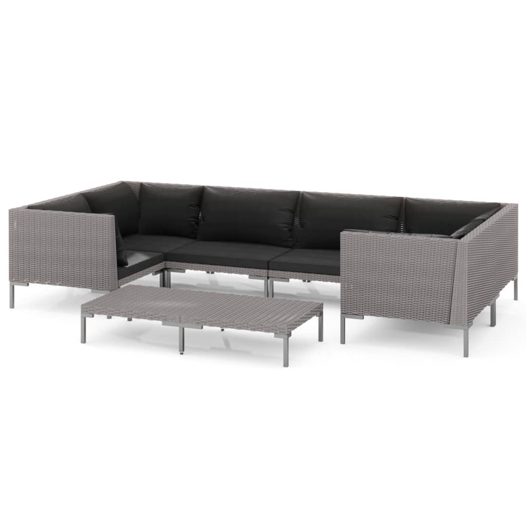 Salon de jardin 7 pcs avec coussins Résine tressée Gris foncé