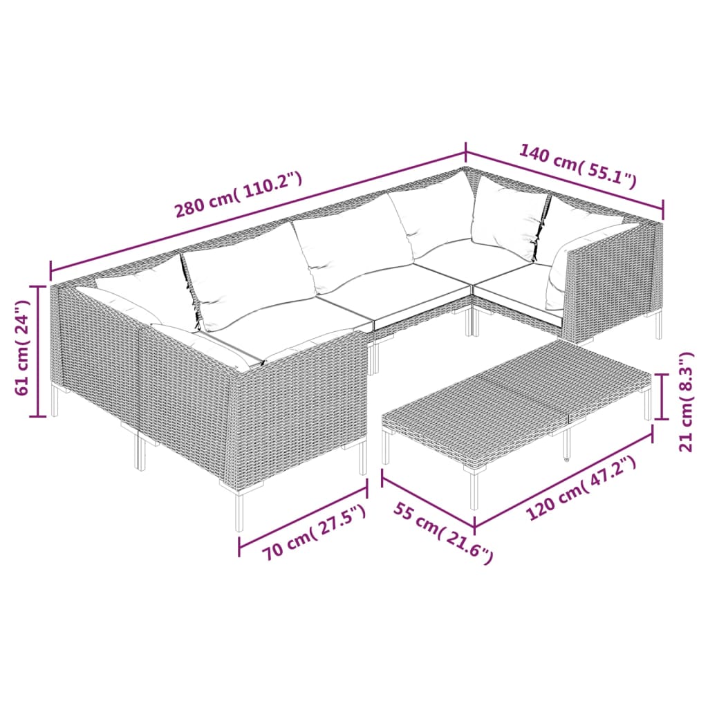 Salon de jardin 7 pcs avec coussins Résine tressée Gris foncé