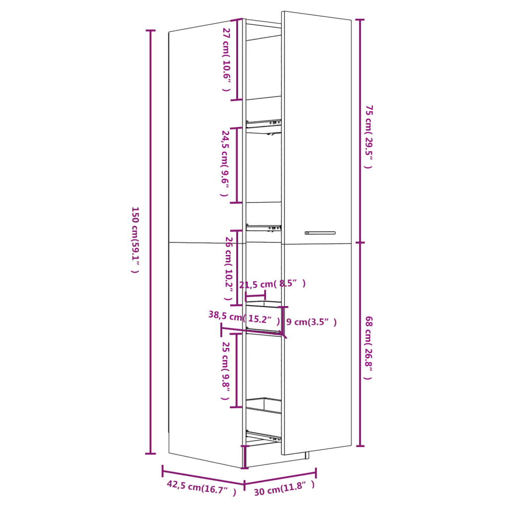 Armoire apothicaire Chêne fumé 30x42,5x150 cm Bois d'ingénierie