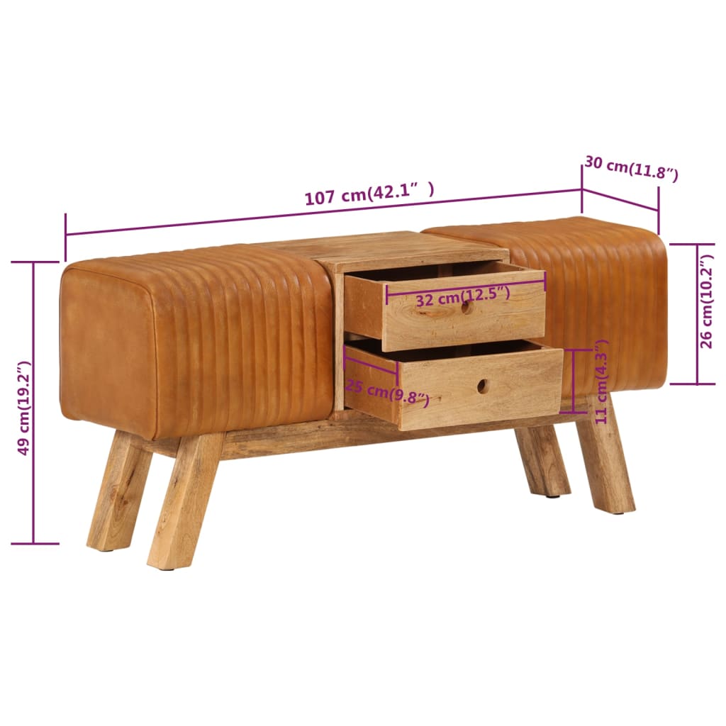 Banc de bok Marron 107 cm Cuir de chèvre véritable - XIOS