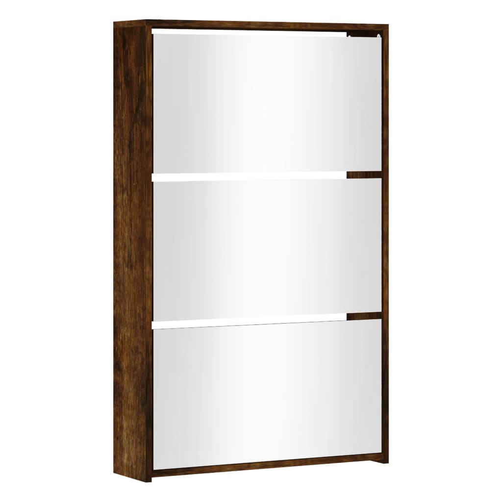 Armoire à chaussures miroir 3 niveaux Chêne fumé 63x17x102,5 cm - XIOS