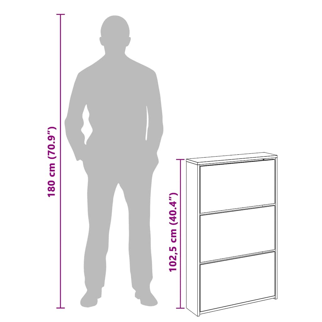 Armoire à chaussures miroir 3 niveaux Chêne fumé 63x17x102,5 cm - XIOS