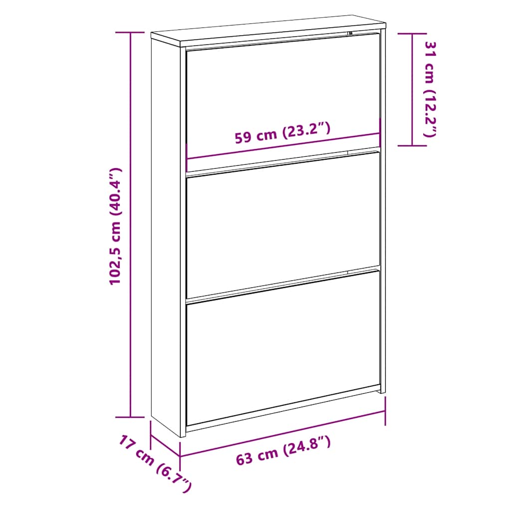 Armoire à chaussures miroir 3niveaux Chêne marron 63x17x102,5cm - XIOS