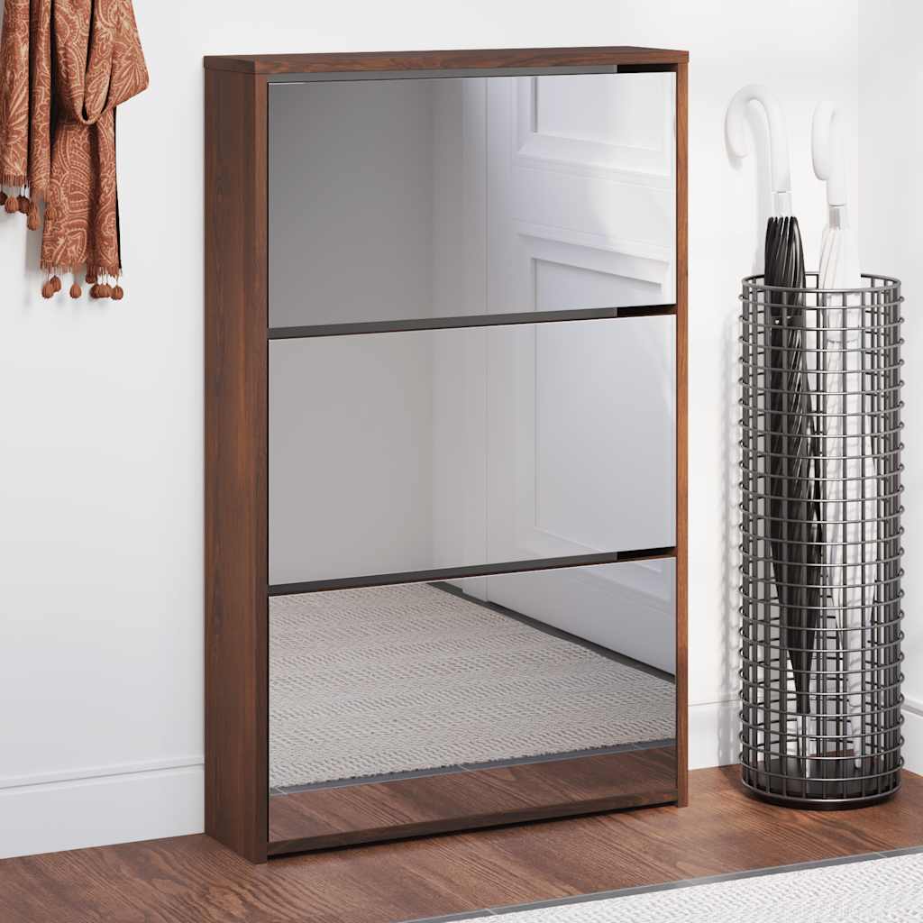 Armoire à chaussures miroir 3niveaux Chêne marron 63x17x102,5cm - XIOS
