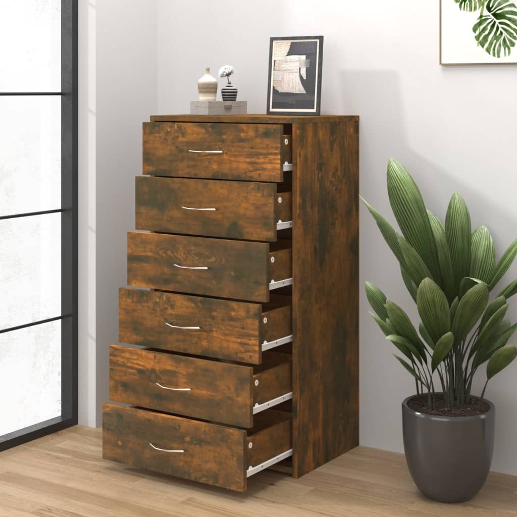 Buffet avec 6 tiroirs Chêne fumé 50x34x96 cm Bois d'ingénierie - XIOS