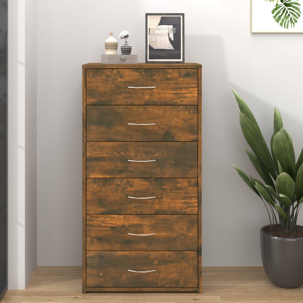 Buffet avec 6 tiroirs Chêne fumé 50x34x96 cm Bois d'ingénierie - XIOS