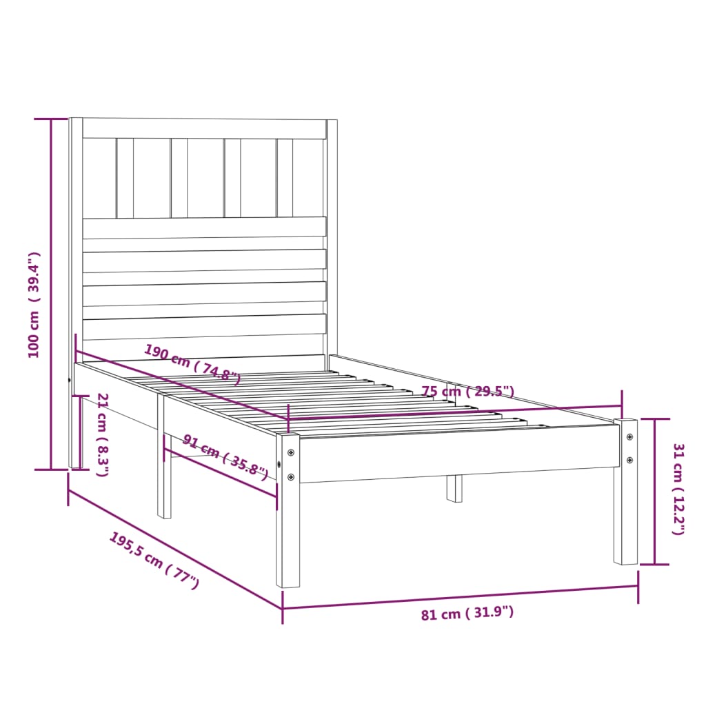 Cadre de lit sans matelas 75x190 cm bois de pin massif - XIOS