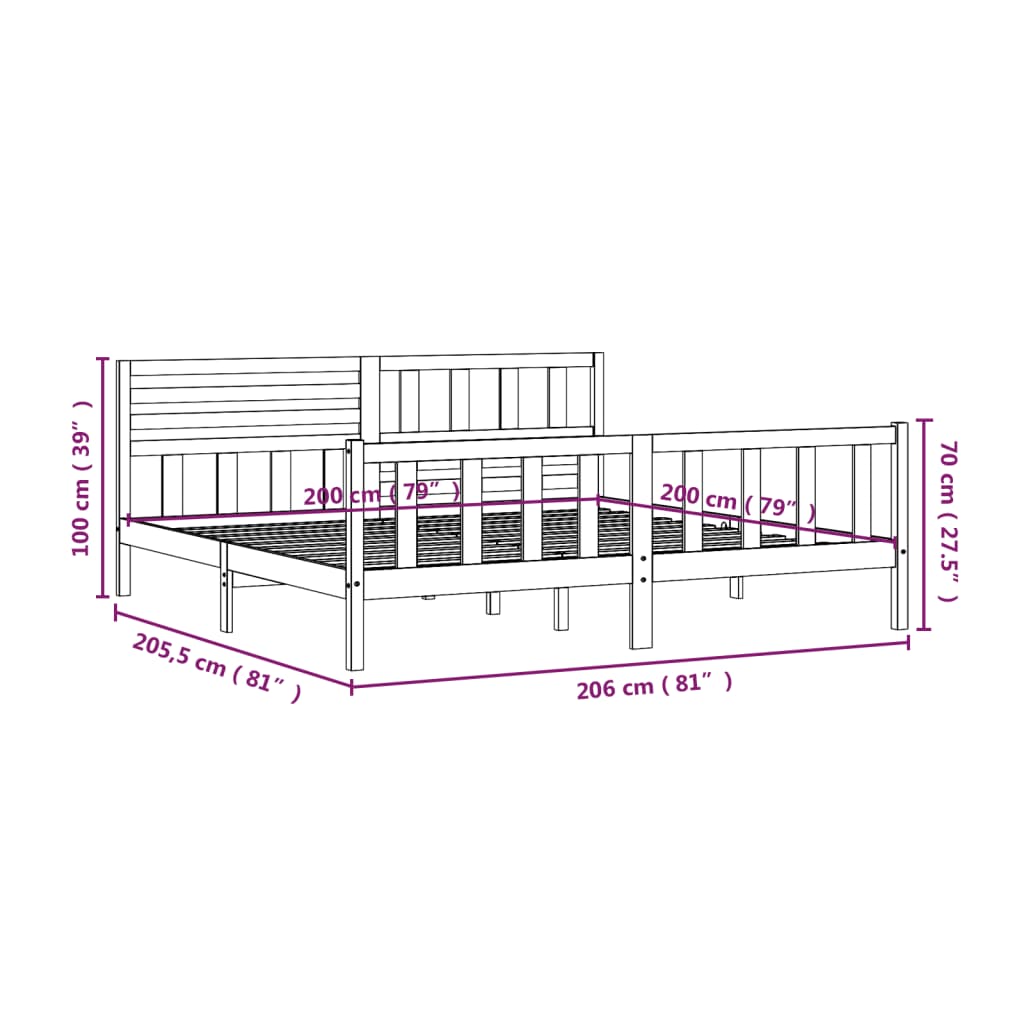 Cadre de lit sans matelas noir bois massif 200x200 cm - XIOS
