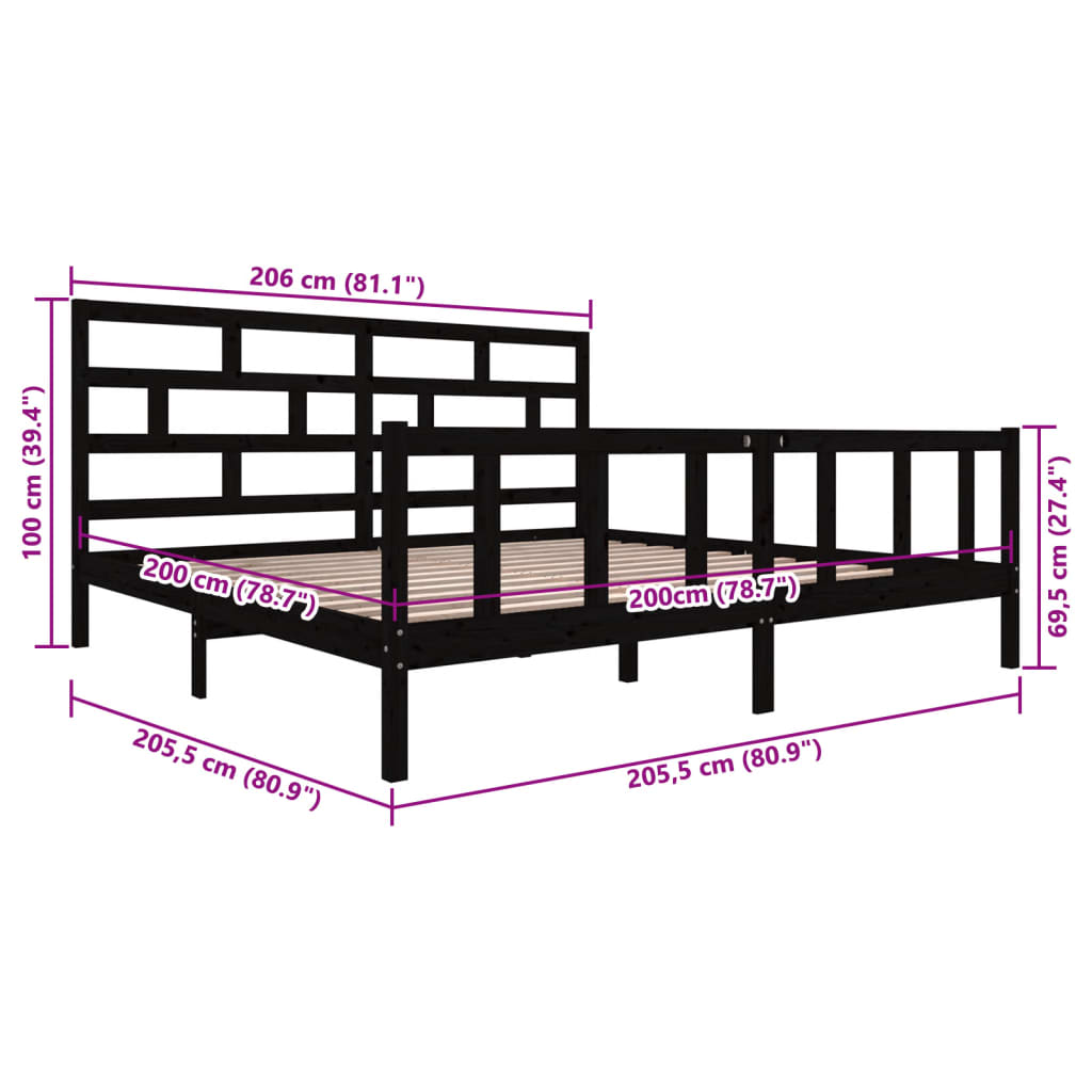 Cadre de lit sans matelas noir bois massif 200x200 cm