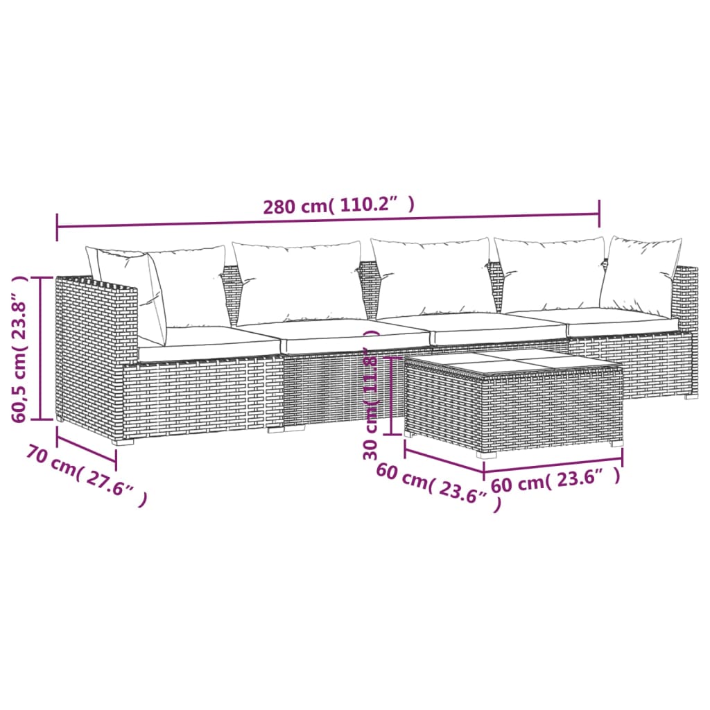 Salon de jardin 5 pcs avec coussins résine tressée marron - XIOS