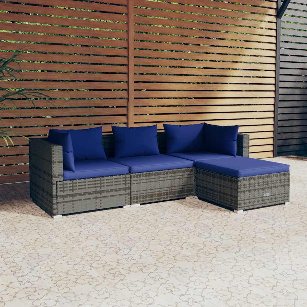 Salon de jardin 4 pcs avec coussins résine tressée gris