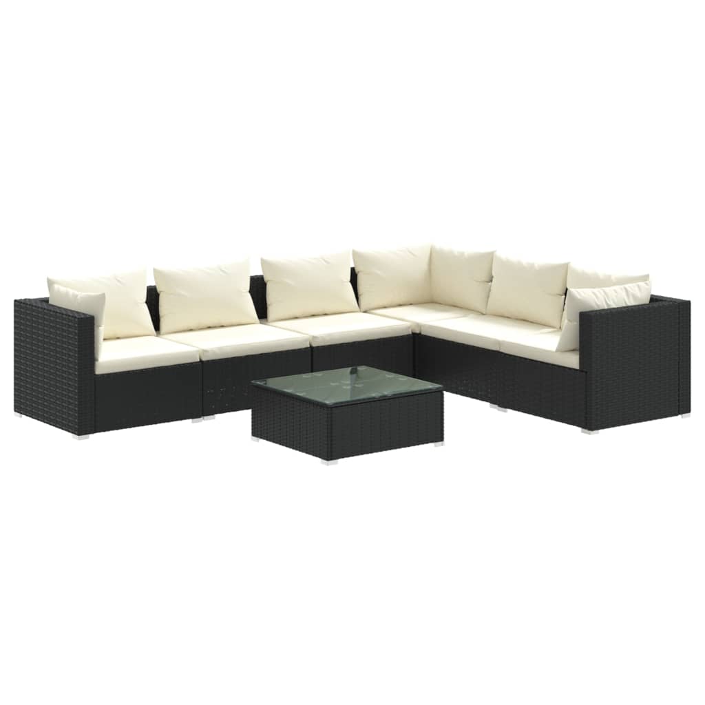 Salon de jardin 7 pcs avec coussins Résine tressée Noir
