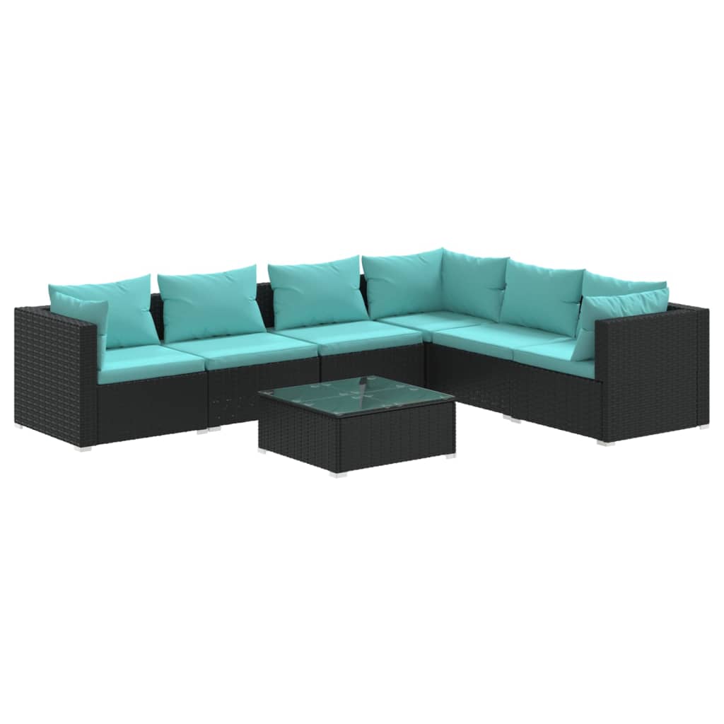 Salon de jardin 7 pcs avec coussins Résine tressée Noir