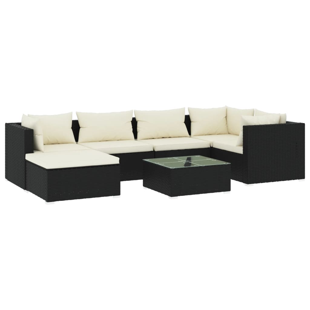 Salon de jardin 7 pcs avec coussins Résine tressée Noir