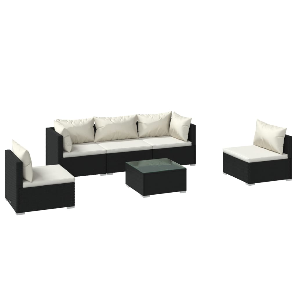 Salon de jardin 6 pcs avec coussins Résine tressée Noir