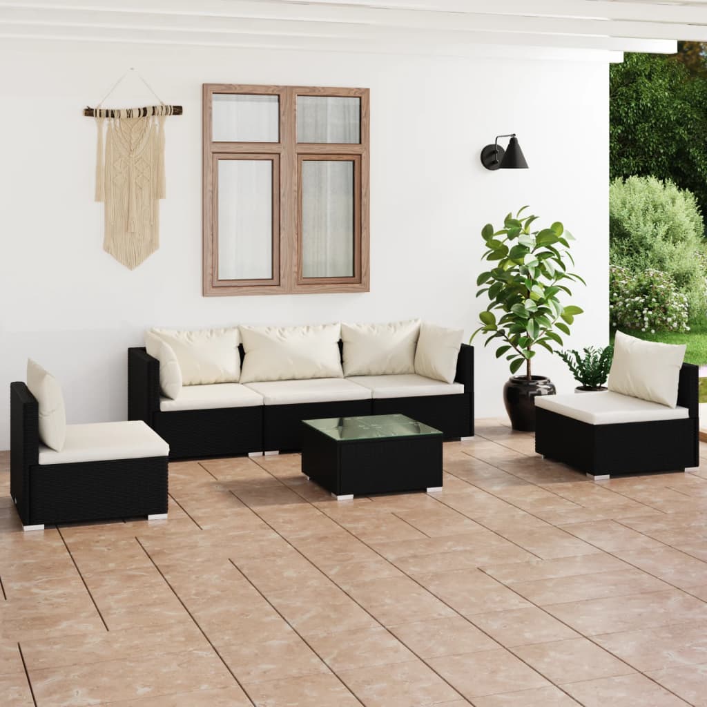 Salon de jardin 6 pcs avec coussins Résine tressée Noir