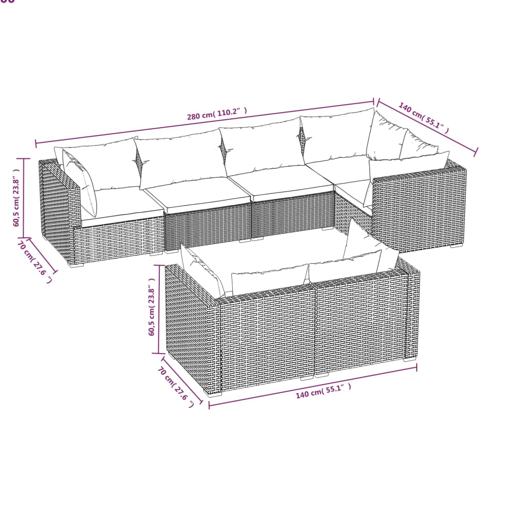 Salon de jardin avec coussins 7 pcs marron résine tressée