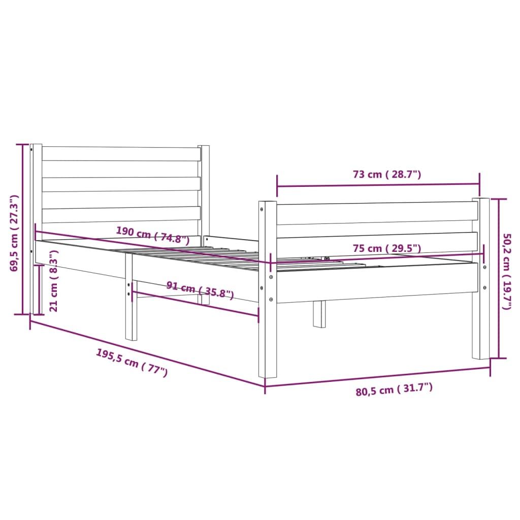Cadre de lit sans matelas marron miel bois massif 75x190 cm - XIOS
