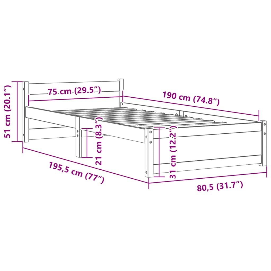 Cadre de lit sans matelas bois massif 75x190 cm - XIOS