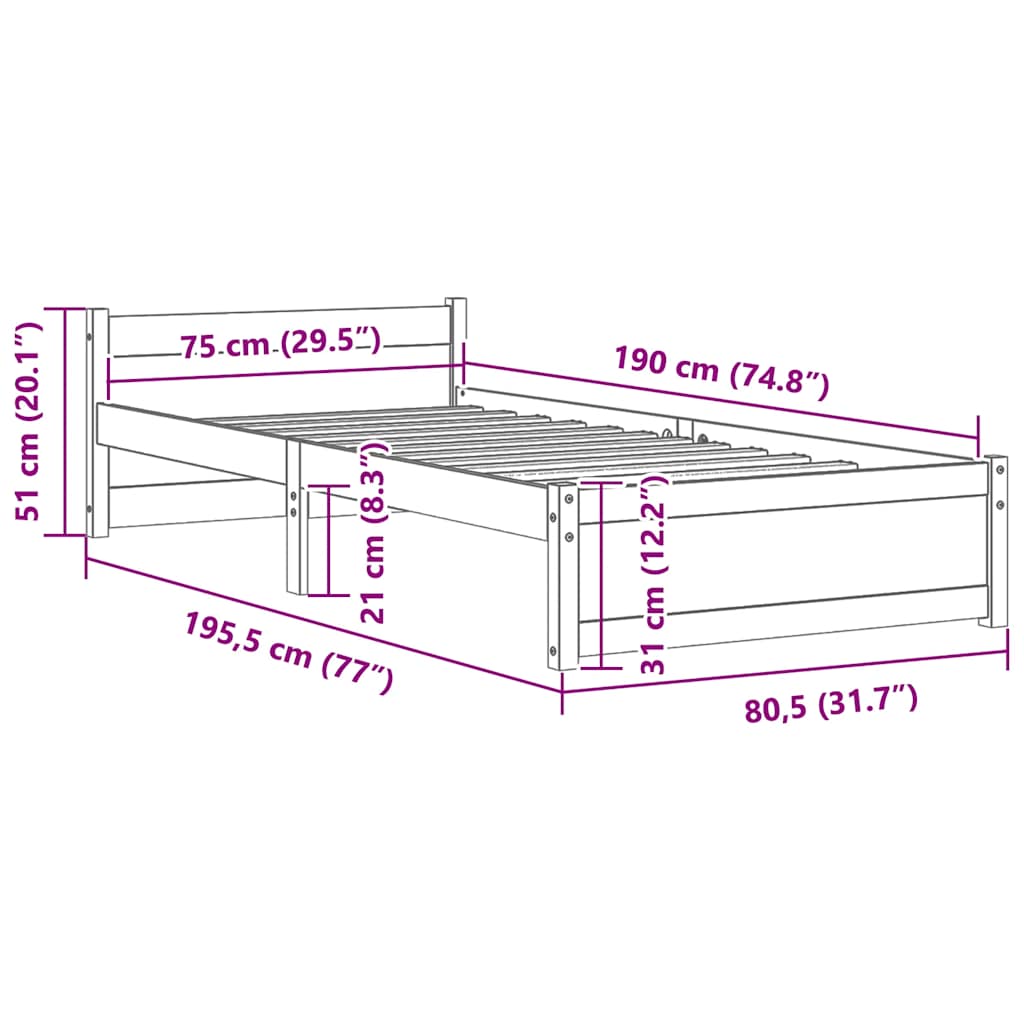 Cadre de lit sans matelas gris bois massif 75x190 cm - XIOS