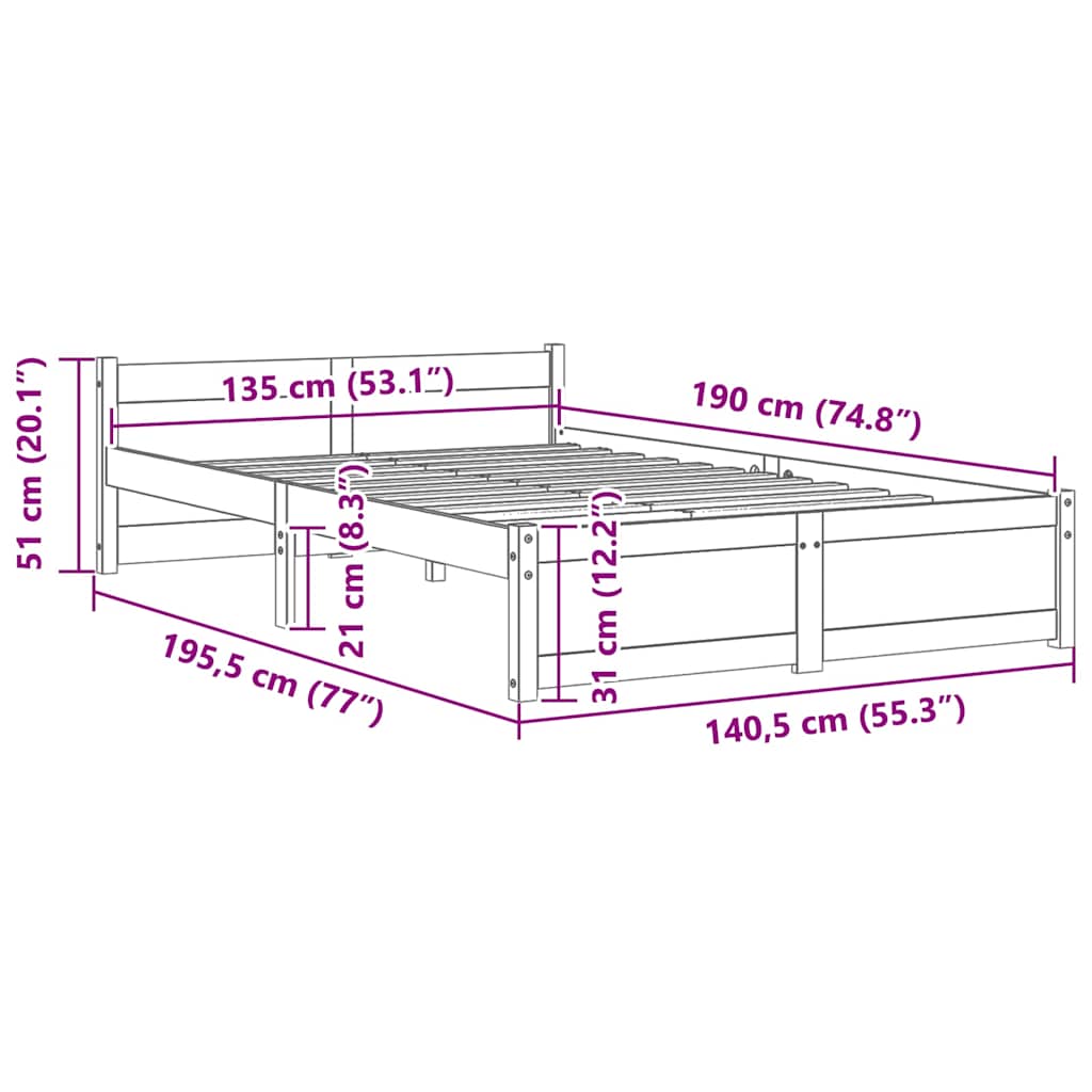 Cadre de lit sans matelas gris bois massif 135x190 cm - XIOS