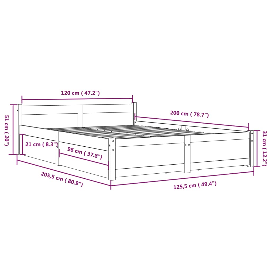 Cadre de lit sans matelas avec tiroirs 120x200 cm - XIOS