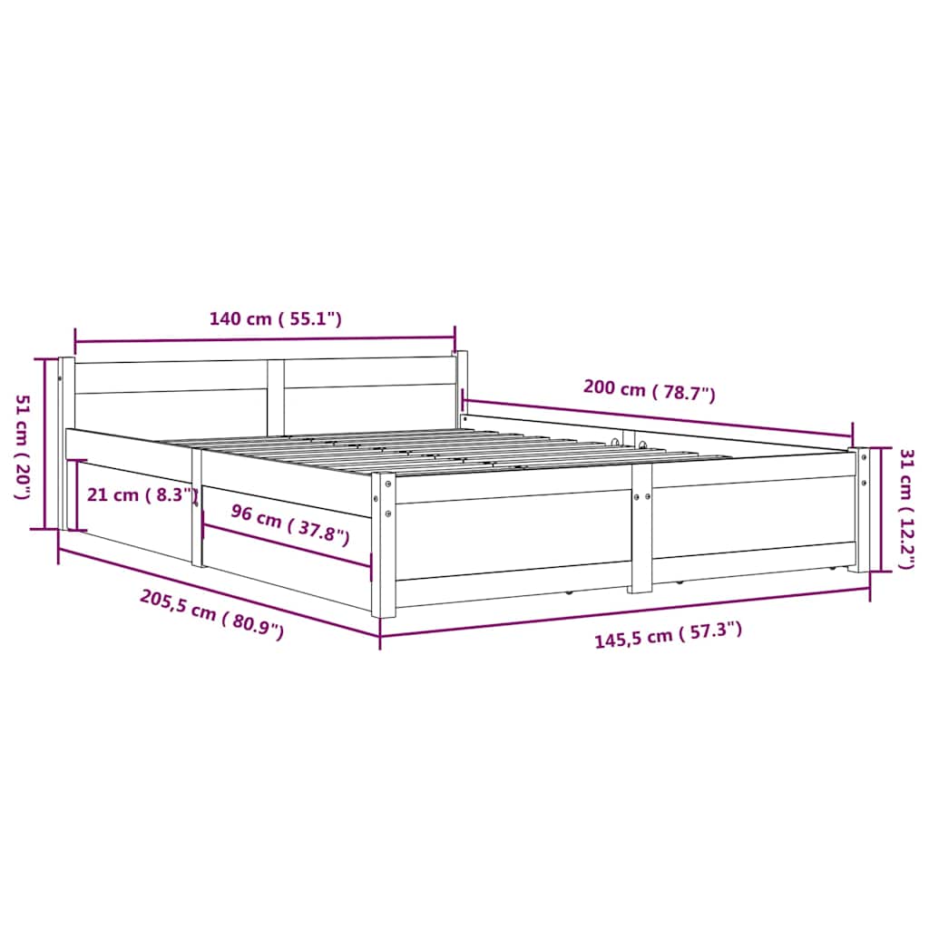Cadre de lit sans matelas avec tiroirs 140x200 cm - XIOS