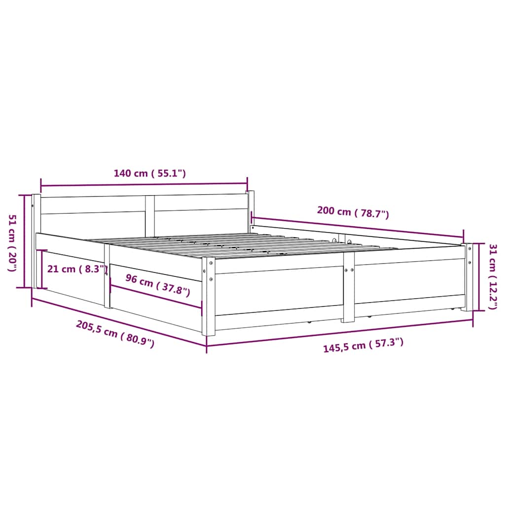 Cadre de lit sans matelas avec tiroirs blanc 140x200 cm - XIOS