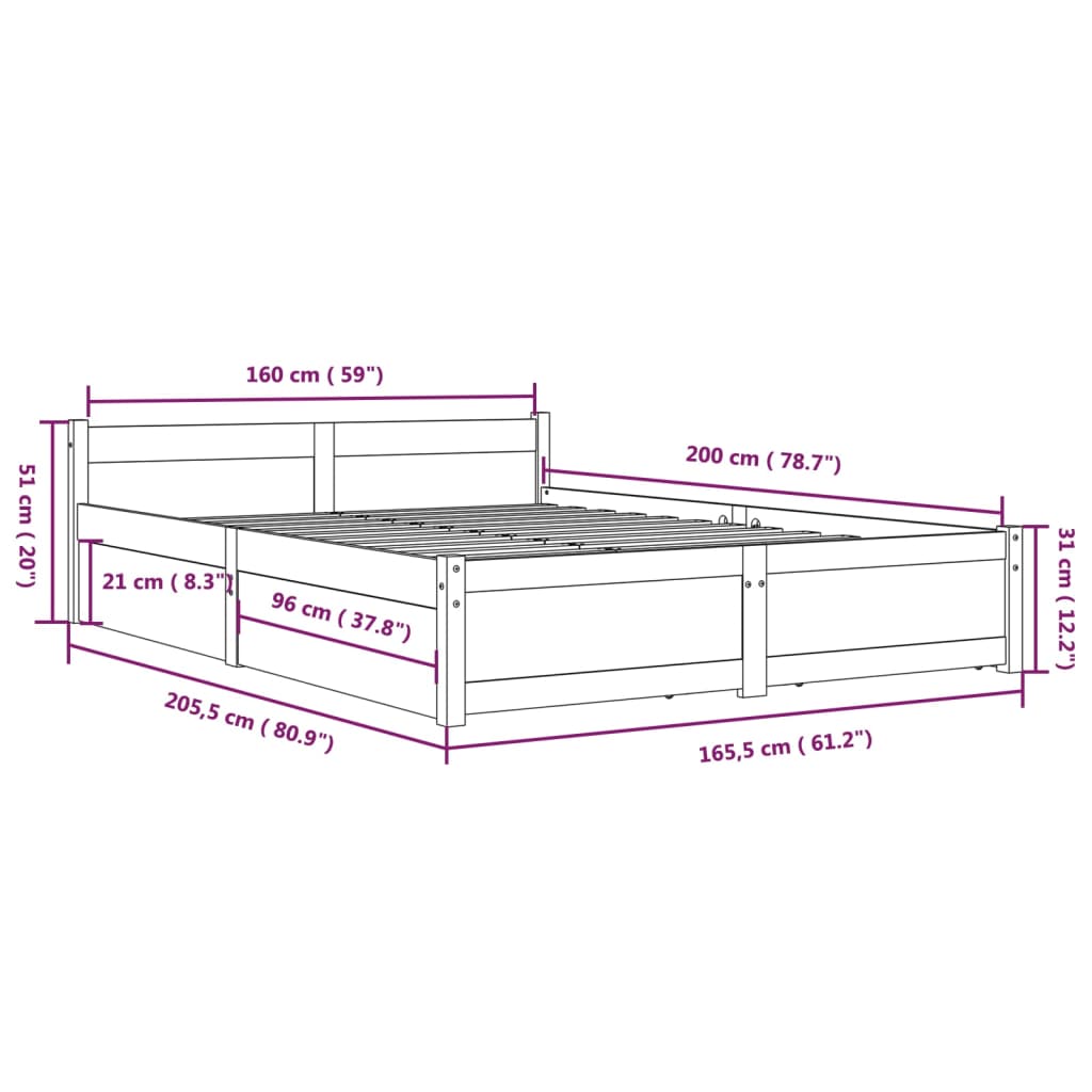 Cadre de lit sans matelas avec tiroirs blanc 160x200 cm - XIOS