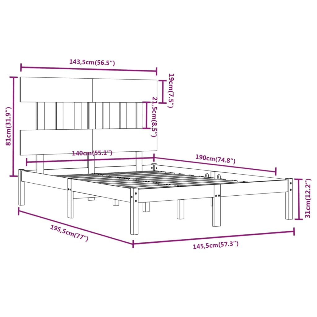 Cadre de lit sans matelas noir 140x190 cm bois massif - XIOS