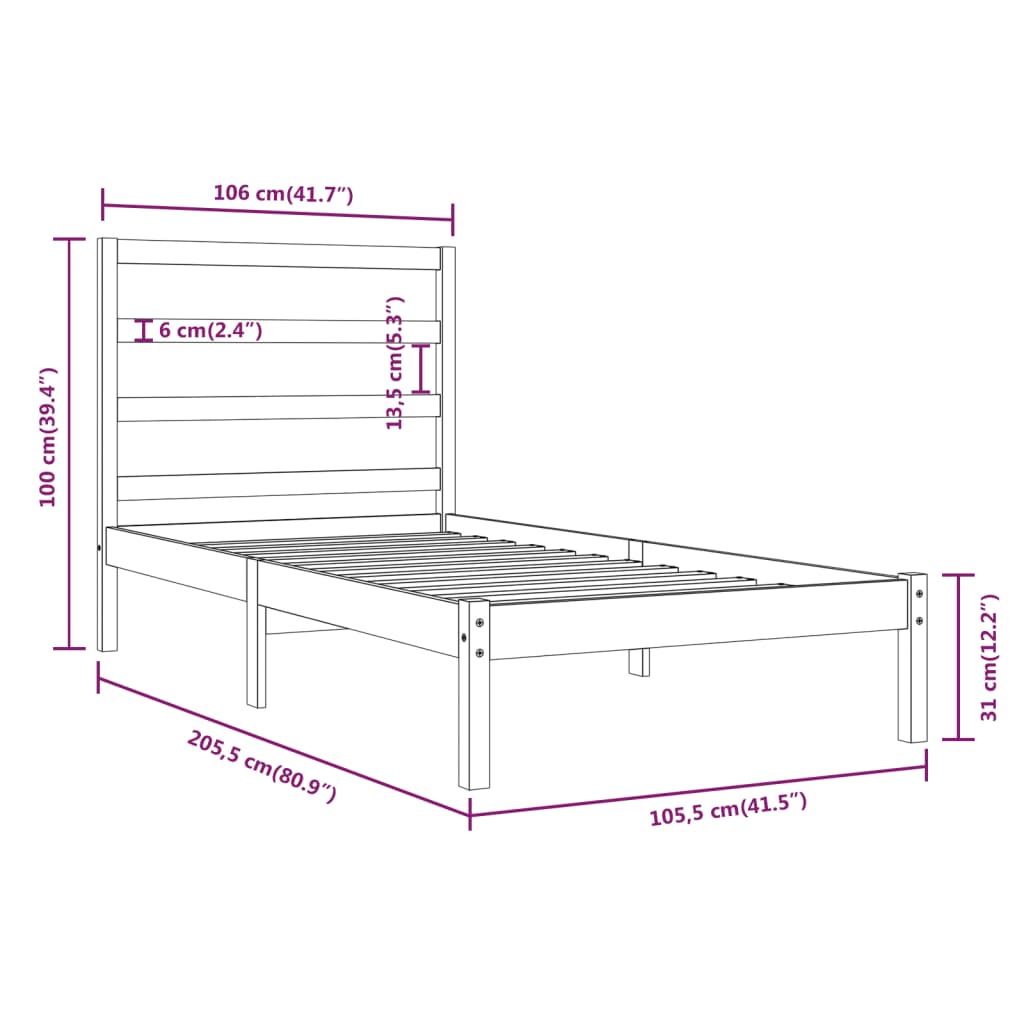 Cadre de lit sans matelas noir 100x200 cm bois massif de pin - XIOS