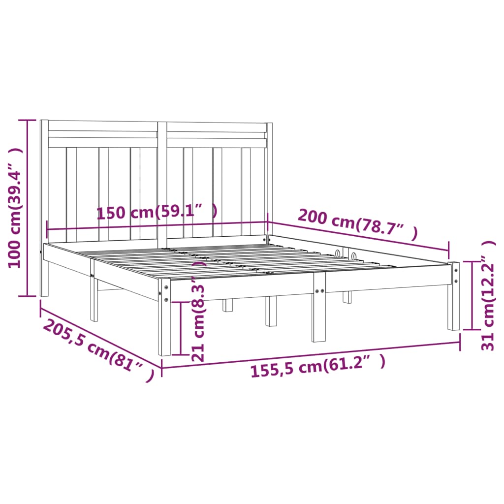 Cadre de lit sans matelas noir 150x200 cm bois massif - XIOS