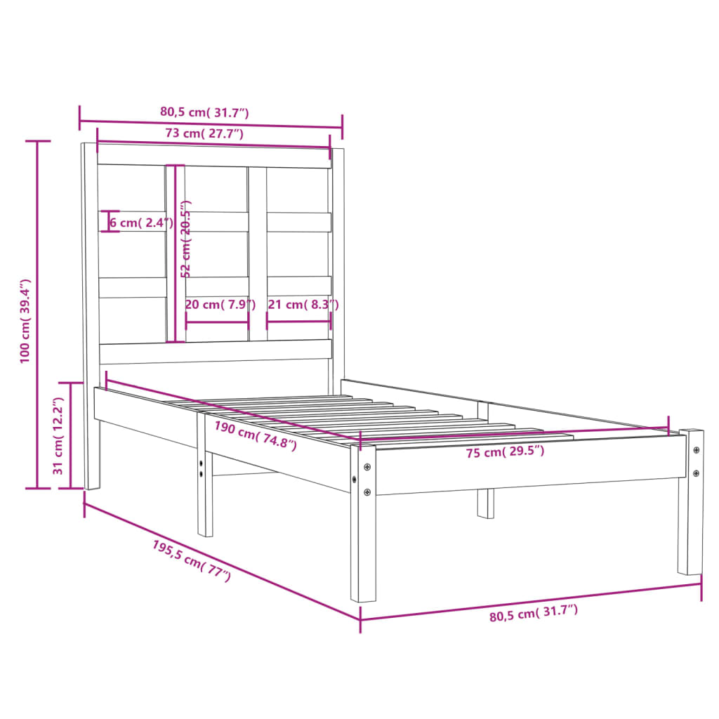 Cadre de lit sans matelas blanc 75x190 cm bois massif - XIOS